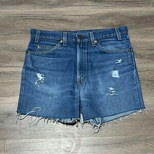 Levis 34 Blue Jean Shorts Orange Tab Denim Cut Off Raw Hem Rework Distressed VTG